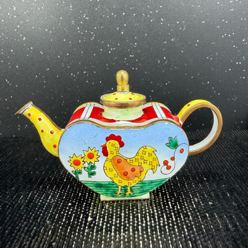 Kelvin Chen 1999 Miniature Rooster Heart Enamel Teapot US 80 CP Hand Painted 3x4
